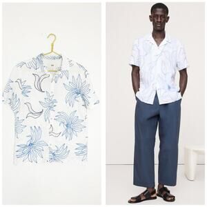 Folk Embroidered Linen Blend Veneto Short Sleeve Men's Shirt Floral Small